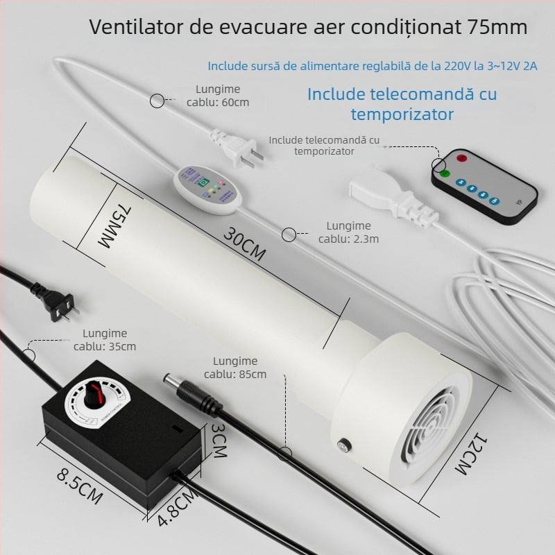 Ventilator de evacuare pentru ventilația aerului condiționat, găuri 75/63/50, dormitor mic, liniștit