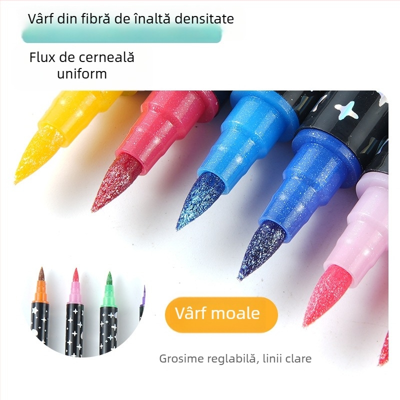 Marker de evidențiere dublu vârf cu cerneală curgătoare, dual-color, vârf gros moale – set markere de desen cu luciu intens