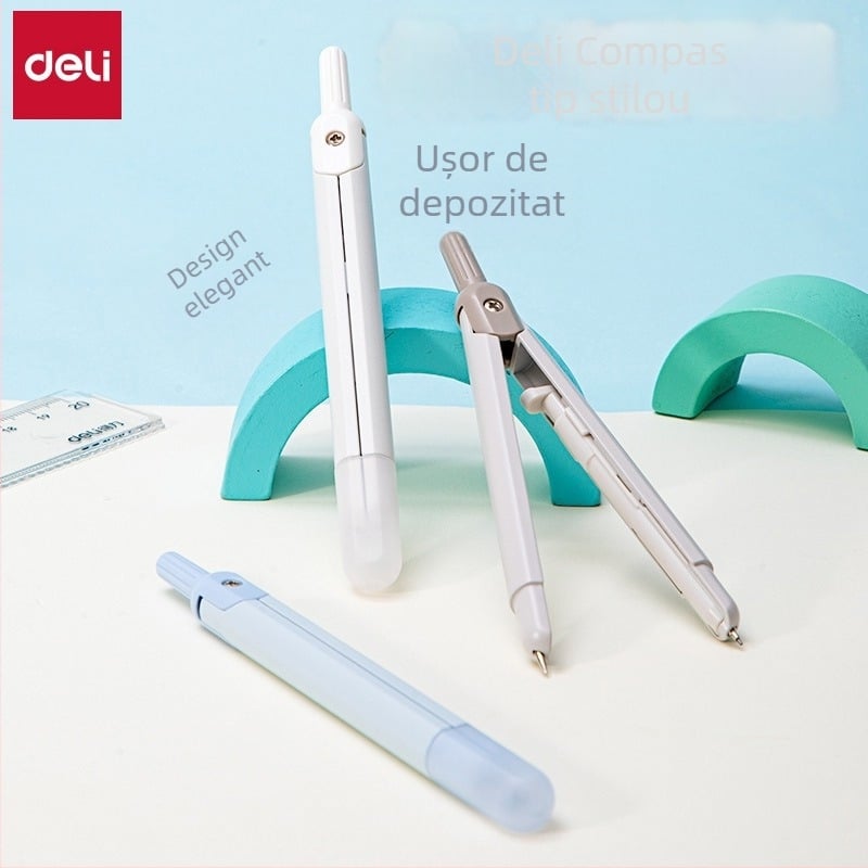 Deli compas metalic, tip stilou, pentru elevi din învățământul primar și gimnazial, design compact, cu grafit de rezervă