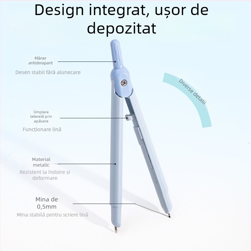 Deli compas metalic, tip stilou, pentru elevi din învățământul primar și gimnazial, design compact, cu grafit de rezervă