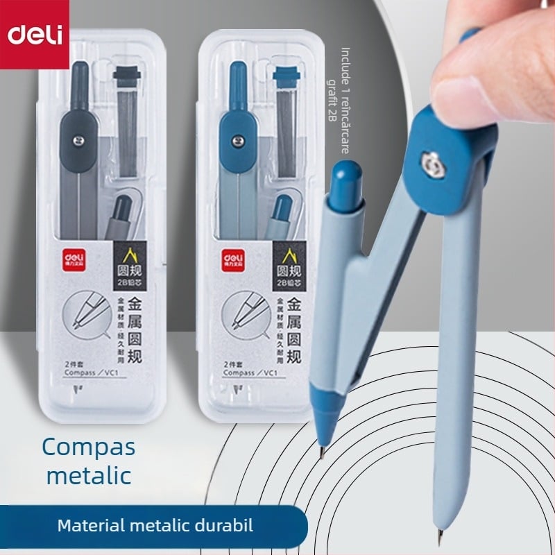 Deli VC1 Compas metal de bază, set de 2 piese, cu creion 2B pentru desen