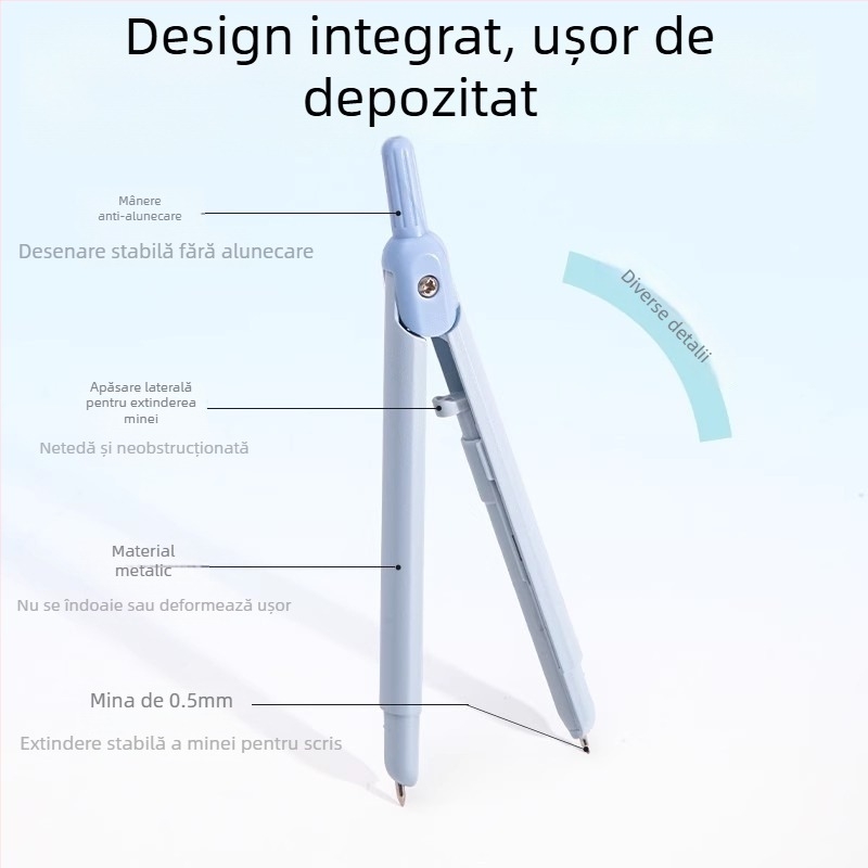 Deli compas metalic, tip stilou, mecanism de eliberare a vârfului, instrument profesional de desen, vârfuri de rezervă pentru geometrie și matematică
