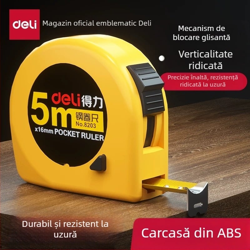 Deli 8203 Bandă metrică din oțel 5 m – riglă de măsurat utilă pentru desen și uz casnic