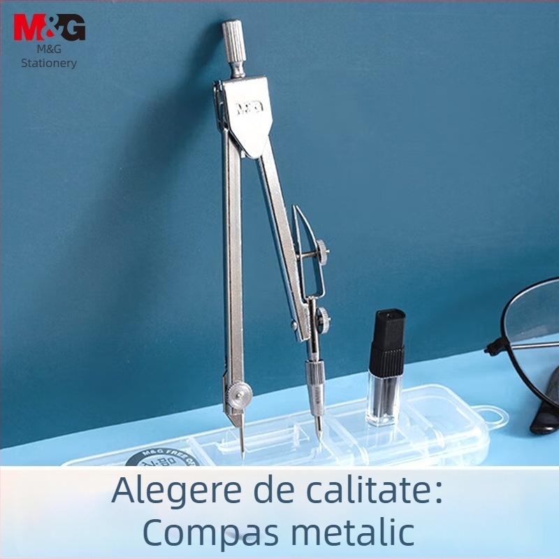 Compas metalic pentru elevi, set de desen mecanic cu riglă, model 90829 în cutie