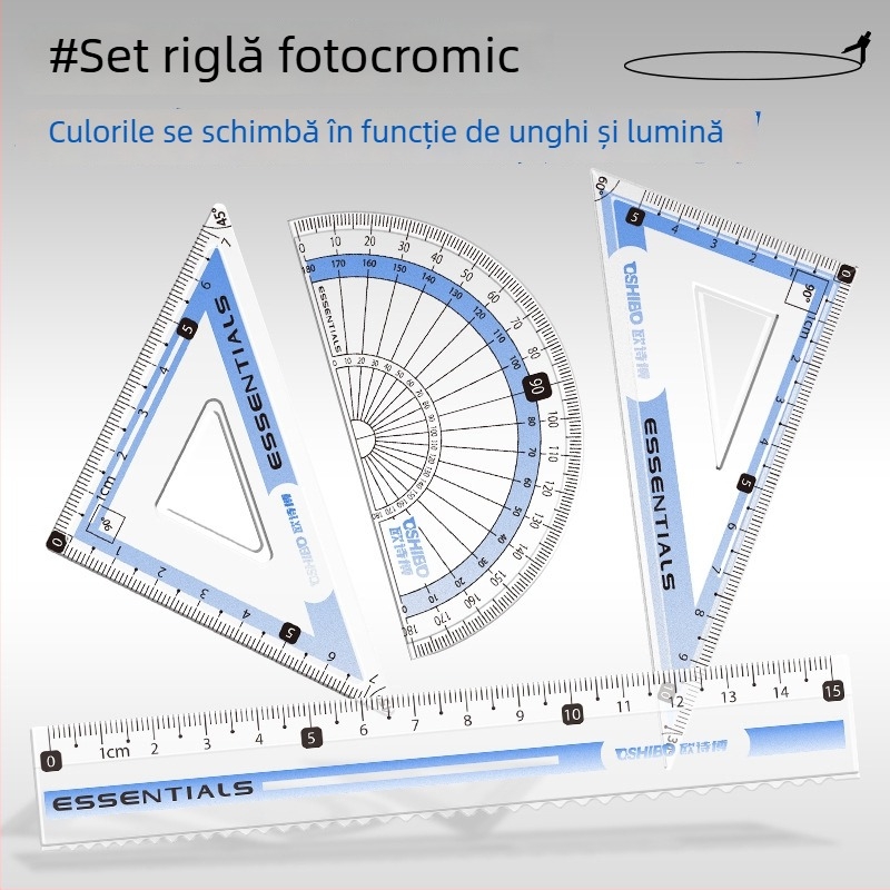 Set compas și riglă pentru elevi, din plastic, 9 piese, include compas, riglă și triunghi de desen
