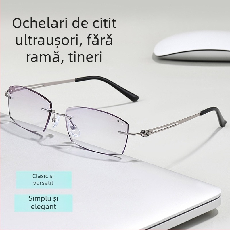Ochelari presbiopici fără ramă pentru bărbați cu față mare, protecție împotriva luminii albastre, lentile plano, margine tăiată cu diamant
