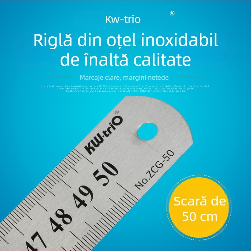 Rigla din oțel inoxidabil de 50 cm, scară dublă, pentru tâmplărie, birou și școală