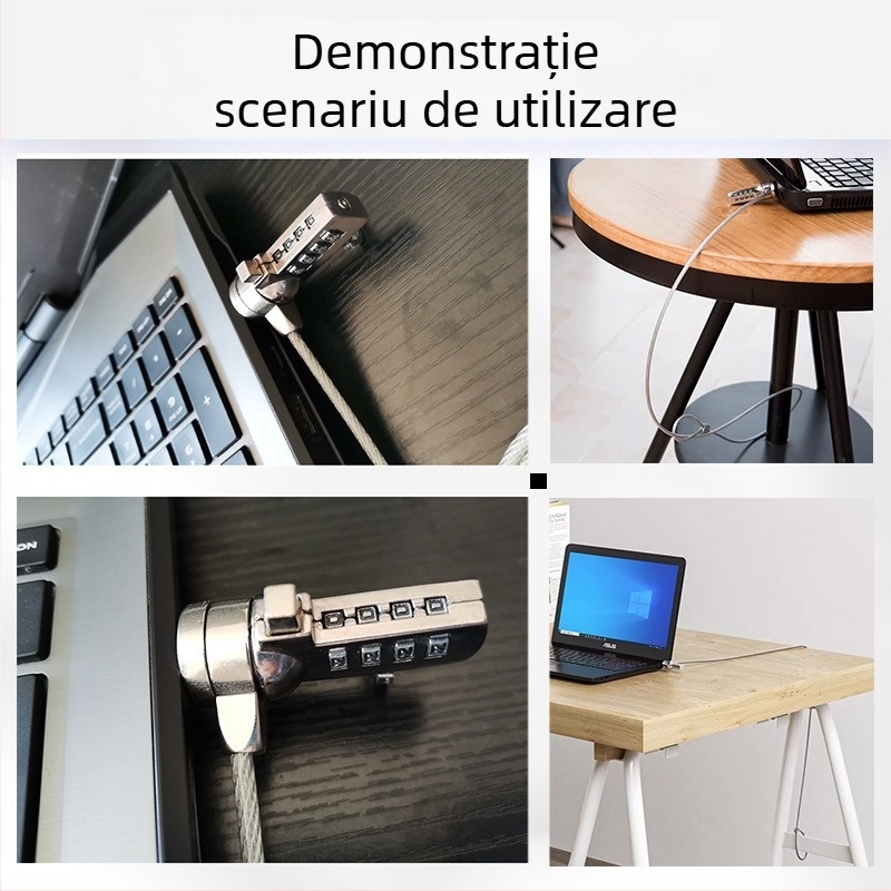 Xmm Xin Password Încuietoare 4 cifre pentru laptop cu cablu din oțel, protecție anti-furt, universal, portabil
