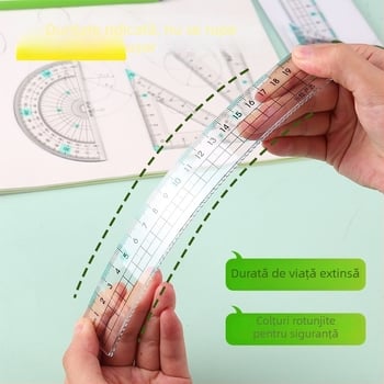 Set de 4 rigle de 20 cm, în husă cu închidere — include straight ruler, set square și protractor