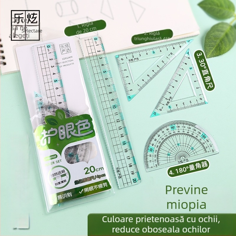 Set de 4 rigle de 20 cm, în husă cu închidere — include straight ruler, set square și protractor
