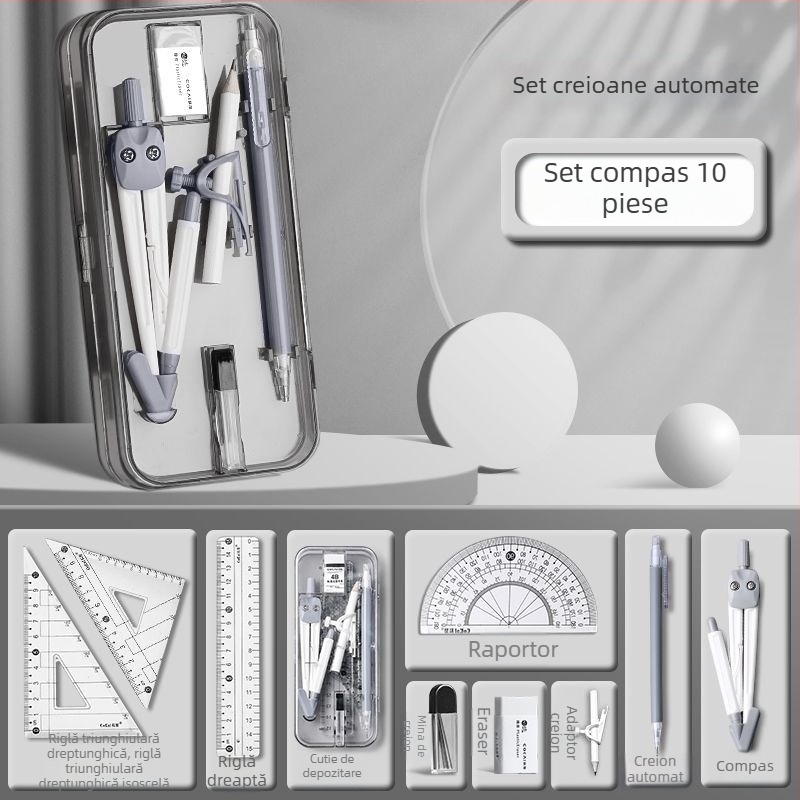Set de rigle multifuncțional cu compas pentru elevi — instrumente de desen și geometrie
