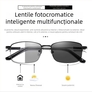 Ochelari de lectură progresivi cu protecție împotriva luminii albastre, ramă metalică cu memorie, semi‑încadrate