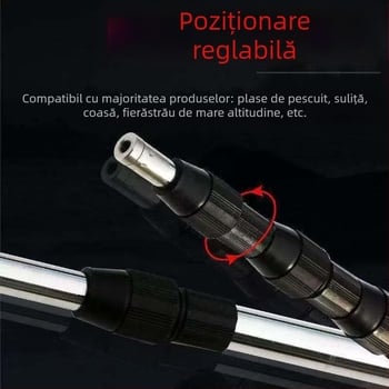 Cap de tijă sudat din oțel inoxidabil, grosime perete 0.8 mm; tijă multifuncțională pentru cules fructe la înălțime, undiță și suliță.