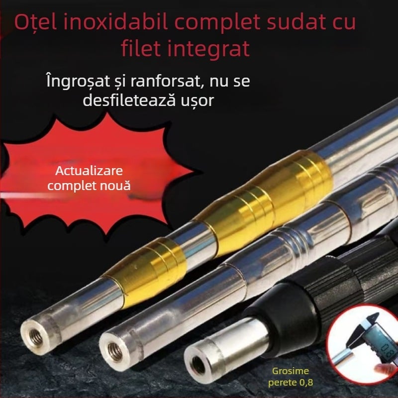 Cap de tijă sudat din oțel inoxidabil, grosime perete 0.8 mm; tijă multifuncțională pentru cules fructe la înălțime, undiță și suliță.