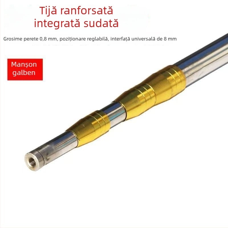 Cap de tijă sudat din oțel inoxidabil, grosime perete 0.8 mm; tijă multifuncțională pentru cules fructe la înălțime, undiță și suliță.