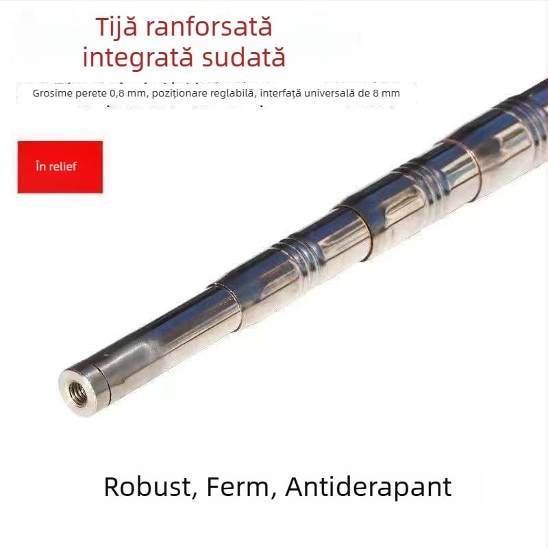 Cap de tijă sudat din oțel inoxidabil, grosime perete 0.8 mm; tijă multifuncțională pentru cules fructe la înălțime, undiță și suliță.