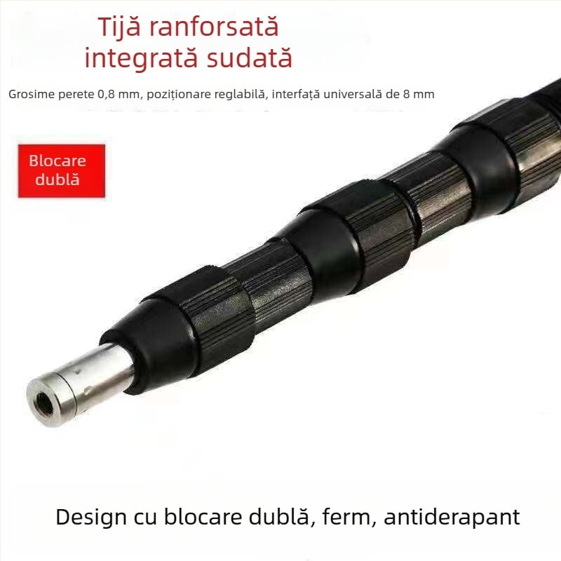 Cap de tijă sudat din oțel inoxidabil, grosime perete 0.8 mm; tijă multifuncțională pentru cules fructe la înălțime, undiță și suliță.