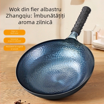 Tigaie din fontă Zhangqiu, tradițională, realizată manual, cu bază rotundă, fără acoperire, antiaderent, potrivită pentru aragaz cu gaz și inducție