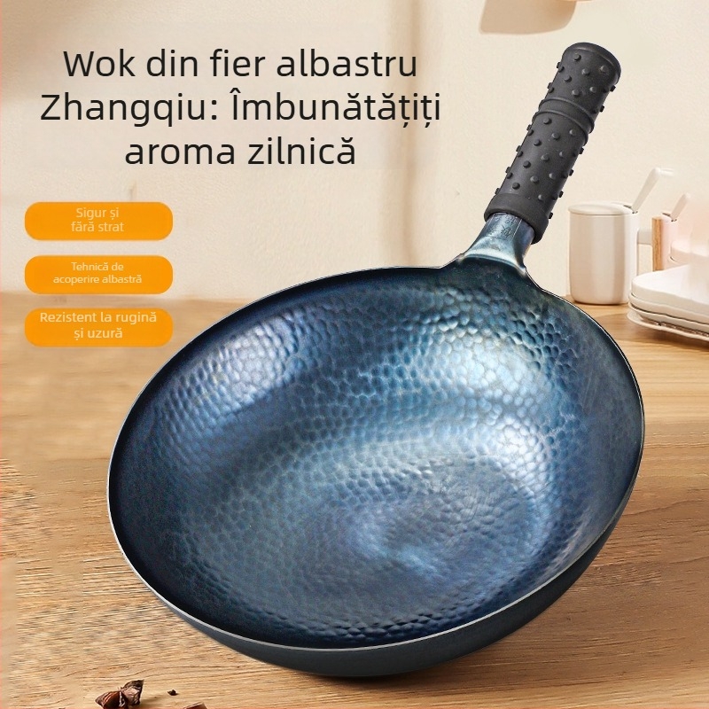 Tigaie din fontă Zhangqiu, tradițională, realizată manual, cu bază rotundă, fără acoperire, antiaderent, potrivită pentru aragaz cu gaz și inducție