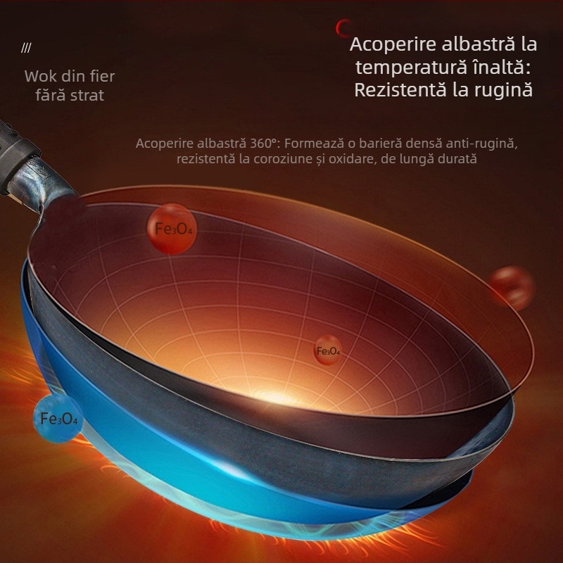 Tigaie din fontă Zhangqiu, tradițională, realizată manual, cu bază rotundă, fără acoperire, antiaderent, potrivită pentru aragaz cu gaz și inducție