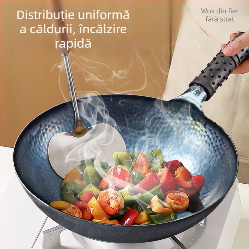 Tigaie din fontă Zhangqiu, tradițională, realizată manual, cu bază rotundă, fără acoperire, antiaderent, potrivită pentru aragaz cu gaz și inducție