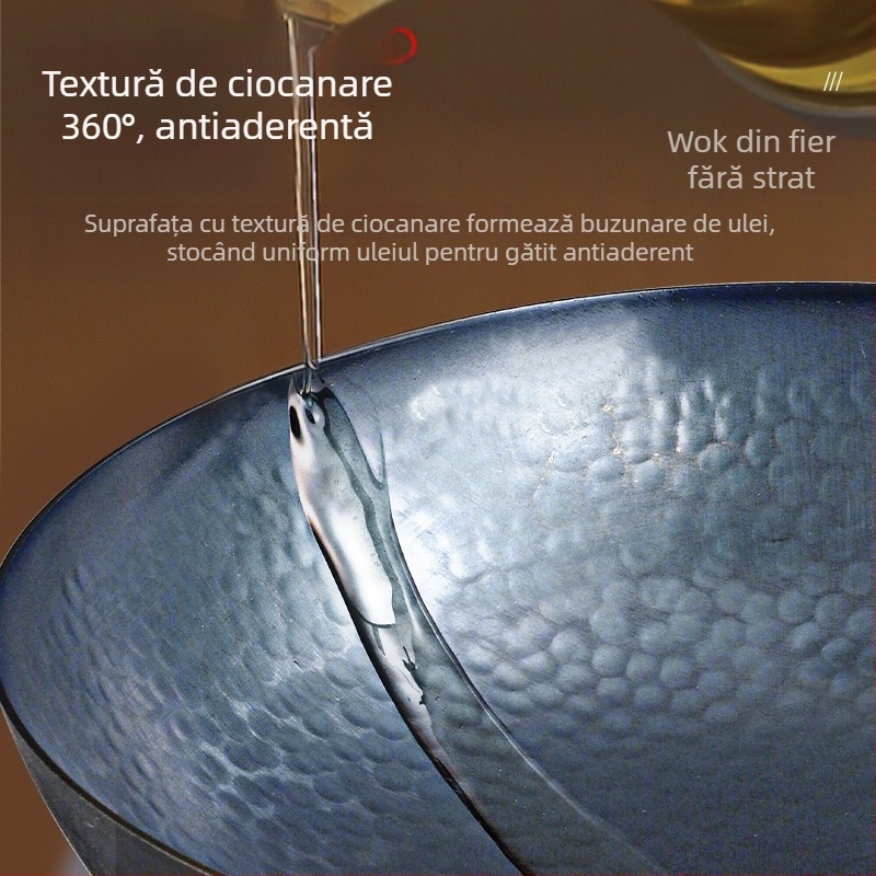 Tigaie din fontă Zhangqiu, tradițională, realizată manual, cu bază rotundă, fără acoperire, antiaderent, potrivită pentru aragaz cu gaz și inducție