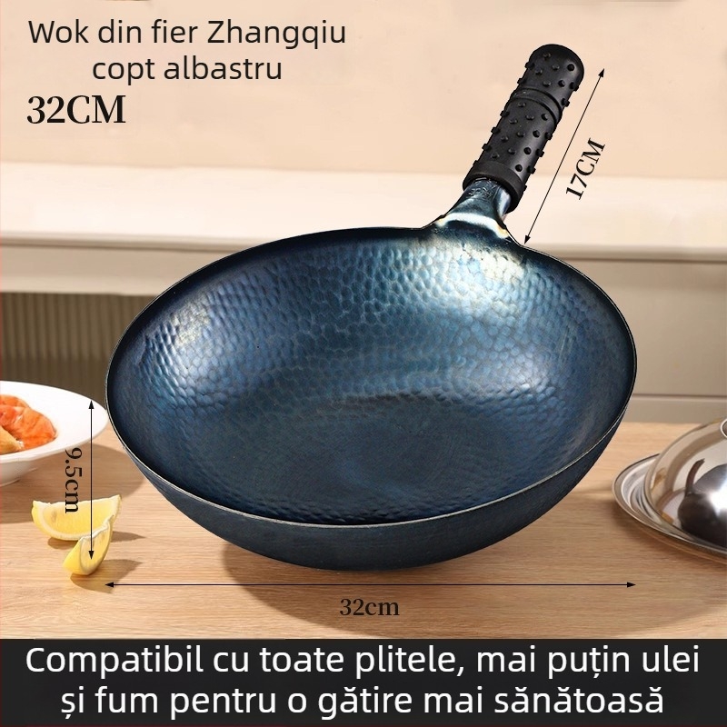 Tigaie din fontă Zhangqiu, tradițională, realizată manual, cu bază rotundă, fără acoperire, antiaderent, potrivită pentru aragaz cu gaz și inducție