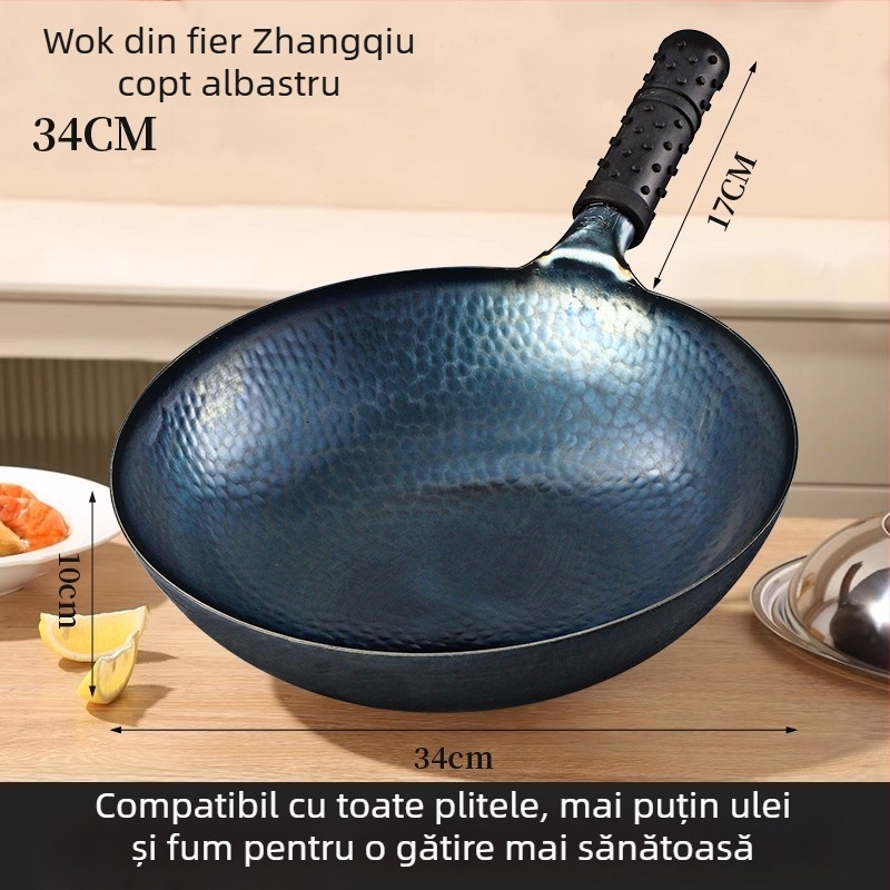 Tigaie din fontă Zhangqiu, tradițională, realizată manual, cu bază rotundă, fără acoperire, antiaderent, potrivită pentru aragaz cu gaz și inducție