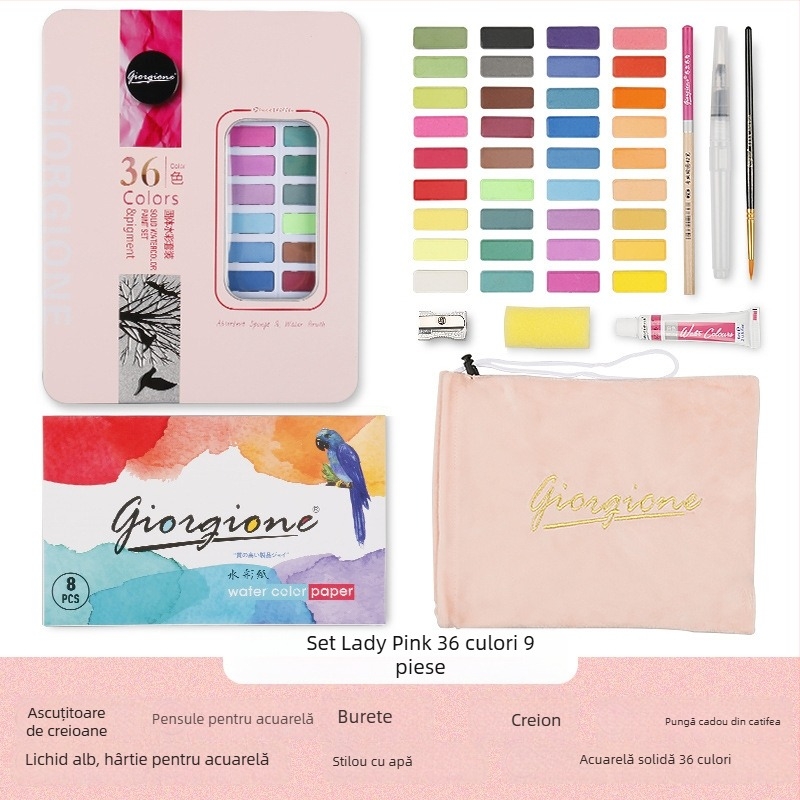 Giorgione set acuarele solide 36/48 de culori, materiale de artă, stilou cu cerneală, 9 piese