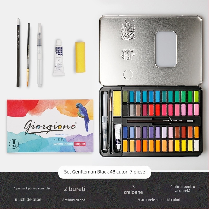 Giorgione set acuarele solide 36/48 de culori, materiale de artă, stilou cu cerneală, 9 piese