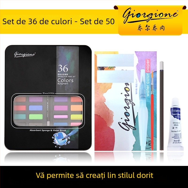 Giorgione set acuarele solide 36/48 de culori, materiale de artă, stilou cu cerneală, 9 piese