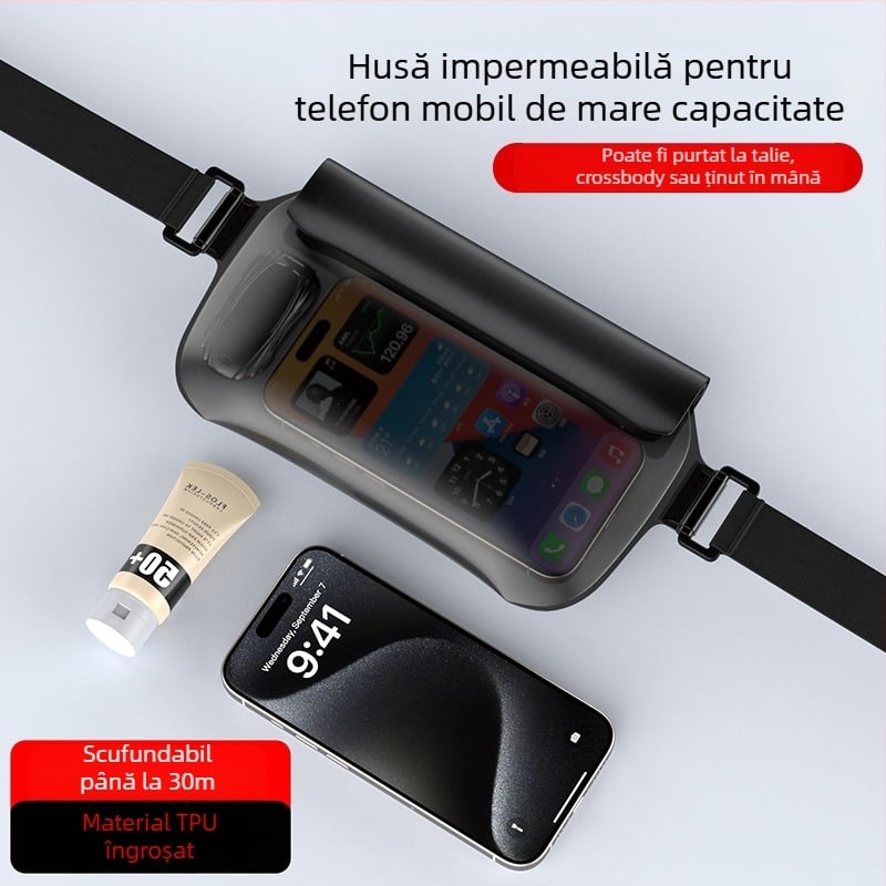 Borsetă de talie impermeabilă TPU pentru telefon – capacitate mare, potrivită pentru înot, scufundări și activități acvatice