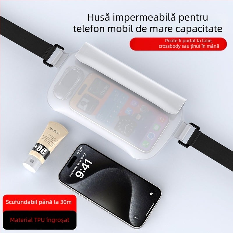 Borsetă de talie impermeabilă TPU pentru telefon – capacitate mare, potrivită pentru înot, scufundări și activități acvatice