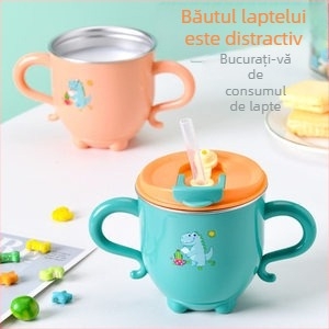 Pahar colorat pentru copii din oțel inoxidabil 316, cu pai, scară de măsurare și mâner