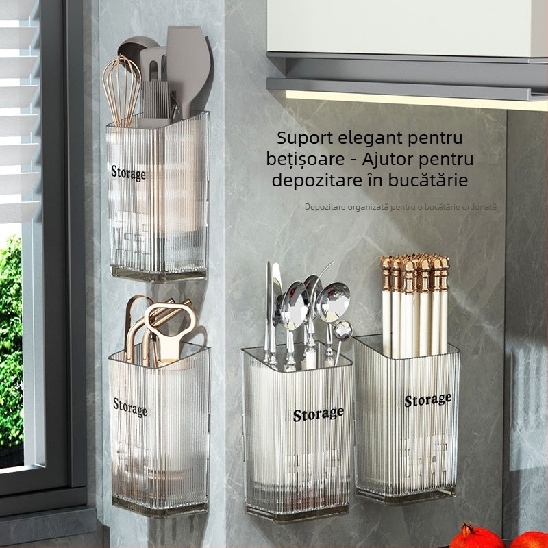 Organizator de bețișoare și linguri montat pe perete, fără găuri, design lux, bucătărie cu drenaj