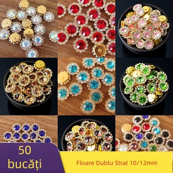 Accesoriu pentru păr cu floare dublă, floare de soare, cu pietre strălucitoare, funda, 10/12 mm, cusute manual