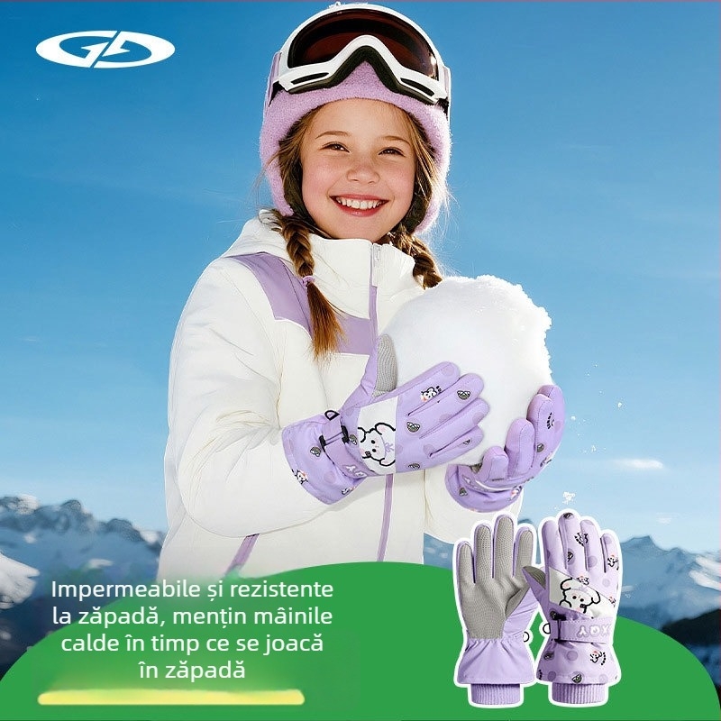 Mănuși de schi pentru copii, impermeabile, călduțe, căptușite cu fleece, îngroșate, unisex, pentru copii 2–8 ani.