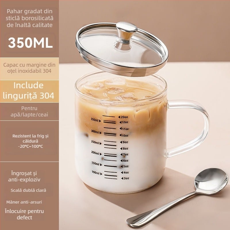 Ceașcă de lapte rezistentă la căldură cu scară de temperatură, mâner simplu, sticlă borosilikat pentru cafea de acasă