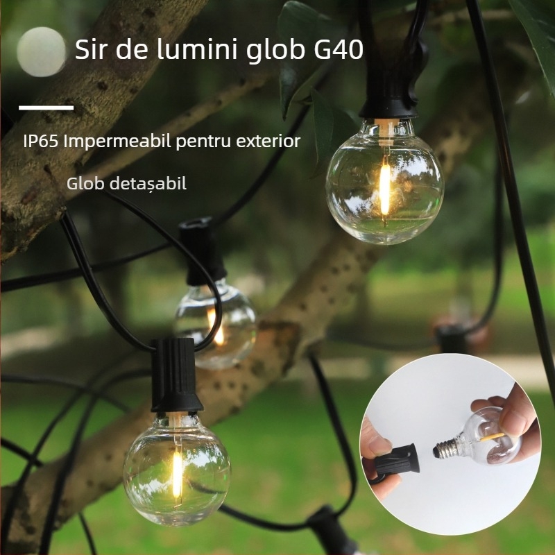 Șir de LED-uri G40 cu alimentare solară pentru exterior – grădină și curte, iluminat decorativ retro cu becuri sferice