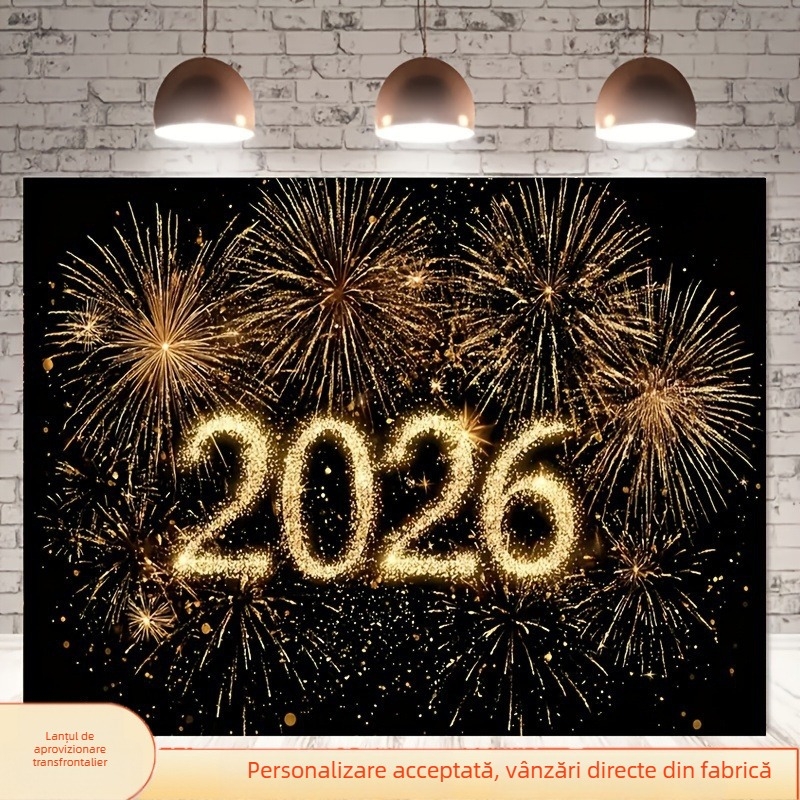 Banner de fundal pentru sărbătorirea Anului Nou 2026, de la Wenda Cross-Border – artificii strălucitoare cu luciu auriu