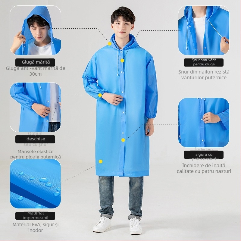 Poncho de ploaie EVA pentru adulți, corp întreg, șnur, lung, portabil, reutilizabil, impermeabil