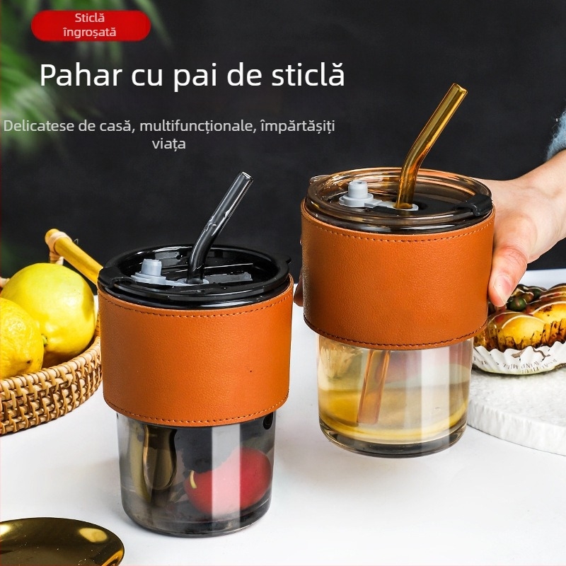 Pahar din sticlă transparent cu pai și capac, portabil pentru lapte sau cafea, feng shui design