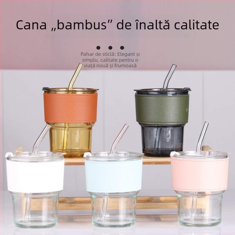 Pahar din sticlă transparent cu pai și capac, portabil pentru lapte sau cafea, feng shui design