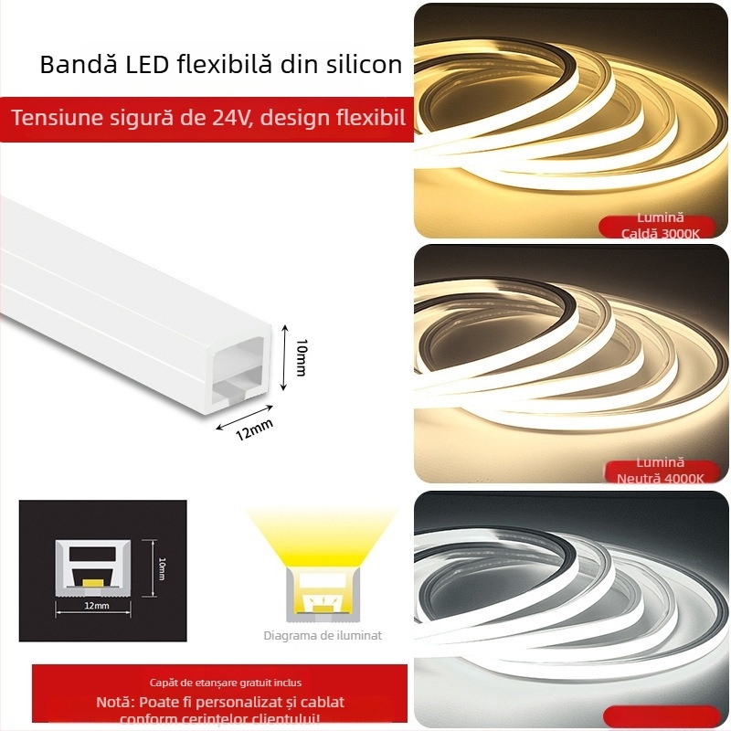 Bandă LED flexibilă din silicon, 12V/24V, rezistentă la apă, autoadezivă, canal liniar încastrat