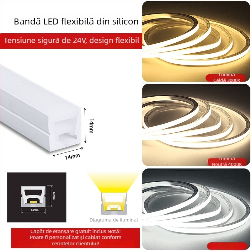 Bandă LED flexibilă din silicon, 12V/24V, rezistentă la apă, autoadezivă, canal liniar încastrat