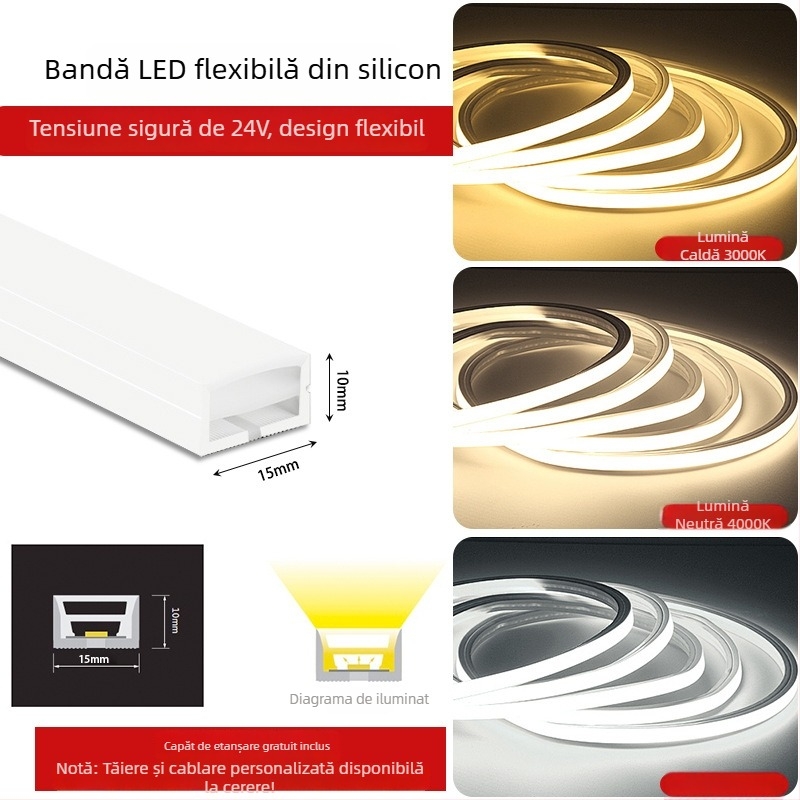 Bandă LED flexibilă din silicon, 12V/24V, rezistentă la apă, autoadezivă, canal liniar încastrat