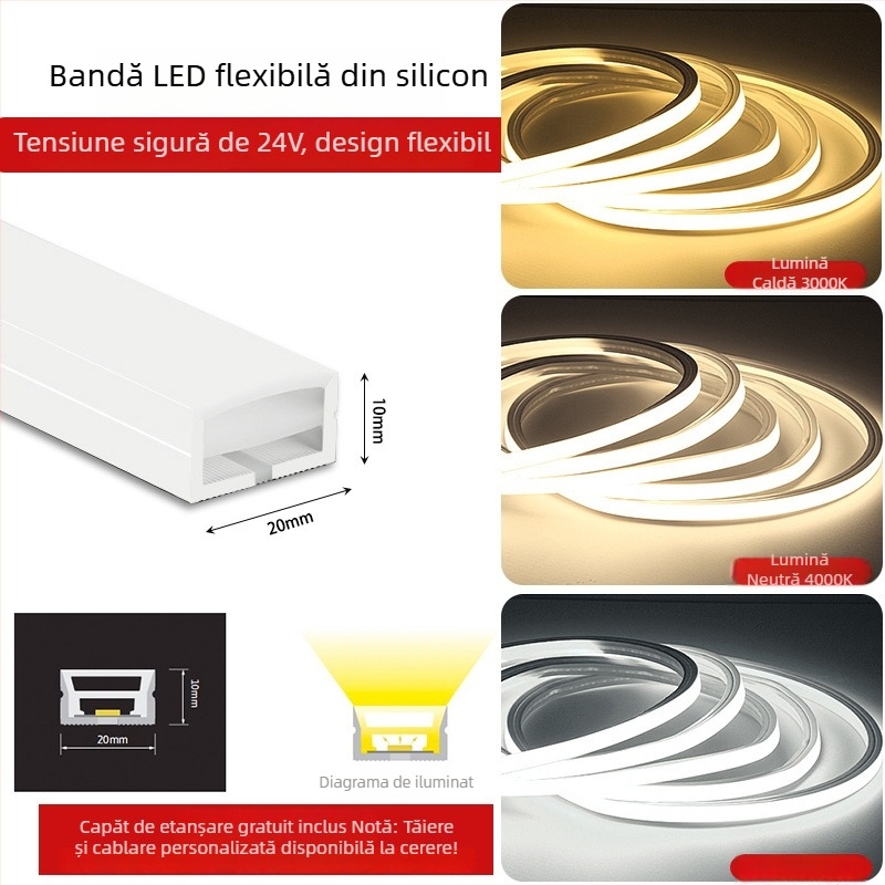 Bandă LED flexibilă din silicon, 12V/24V, rezistentă la apă, autoadezivă, canal liniar încastrat