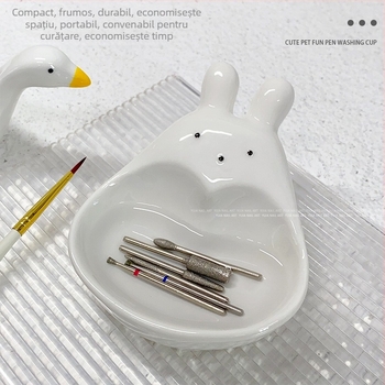 Ceașcă ceramică pentru curățarea pensulelor de manichiură, cu design drăguț de animale – paletă de culori și suport pentru pensule