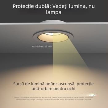 Downlight LED încastrat, anti-reflexie, cu ramă subțire și cupă adâncă, pentru living și hol, corp de plafon fără sursă centrală