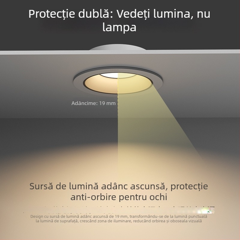 Downlight LED încastrat, anti-reflexie, cu ramă subțire și cupă adâncă, pentru living și hol, corp de plafon fără sursă centrală
